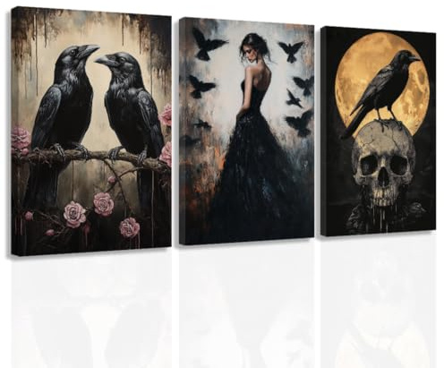 ZXHYWYM 3 teiliges gotisches Leinwandgemälde schwarzer Goth Krähenschädel Bilder Set Skelett Drucke dunkle Halloween Wanddekoration für Schlafzimmer Heimdekoration gerahmt (28x35cmx3)