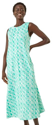Roman Originals Geo Print Pocket Midi Dress for Women UK - Ladies Everyday Holiday Spring Summer Round Neckline Comfy Soft Evening Vacation Work Party - Mint - Size 16
