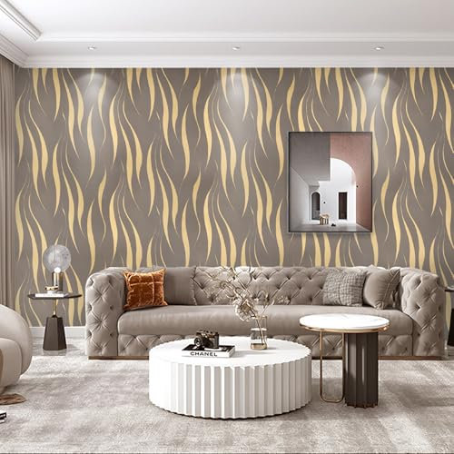 Beswitory Brown Wallpaper Modern Minimalist 3D Yellow Glitter Wallpaper for Living Room Bedroom TV Backdrop Kitchen, Feature Short Wave Stripe Geometric Pattern