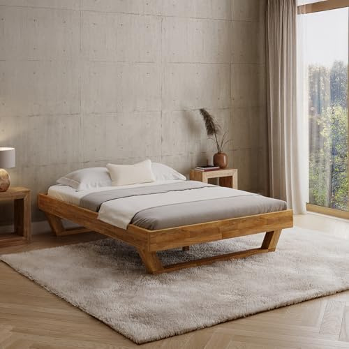 skølm Nornir Massivholzbett 140x200cm, Massivholz Eiche Bettrahmen in Natur | Bettrahmen aus Massivholz, hochwertiges Holzbett mit Kufen Bettbeine, Bettgestell geölt, geeignet als Doppelbett Schlafzimmer
