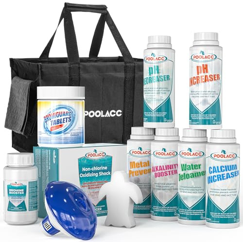 Poolacc Starter kit per vasca idromassaggio al bromo: include sostanze chimiche ad alta capacità, 50 strisce reattive, dispenser e accessori | Set di manutenzione spa tutto in uno