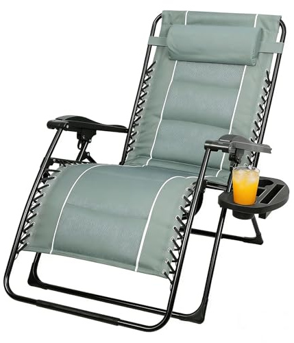 Garten Liegestuhl Klappbar, 85cm Extra Breit Relaxliege, Relaxsessel Outdoor Relaxstuhl Einstellbarer Rücklehne, Gartenliege mit Getränkehalter & Kopfpolster, Liegestühle für Balkon (Graugrün)