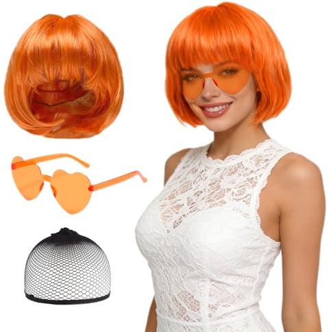 GYIOFAI 3 Pcs Orange Short Bob Party Wig and Sunglass Set,Synthetic Straight Neon Hair with Fringe, Colorful Cosplay Wig Hairpieces for Halloween Cosplay,Bachelorette Neon Party, Everyday Use (Orange)