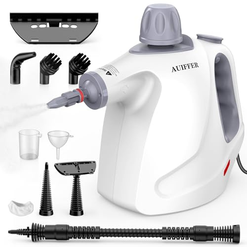 AUIFFER Dampfreiniger Handgerät 450ML - Tragbarer Mehrzweck 10 Zubehör, 3,2 Bar & 1050W, Kindersicherung Dauerbetrieb, Chemikalienfreier, Handdampfreiniger für alles Polstermöbel Fenster, Fett Schmutz