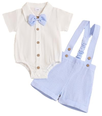 JENJON Neonati Maschio 1 Anno Compleanno Vestiti Set Gentleman Maniche Corte Papillon Top + Salopette a Righe Pantaloncini Estivo Abbigliamento Strisce azzurro chiaro 12-18 Mesi