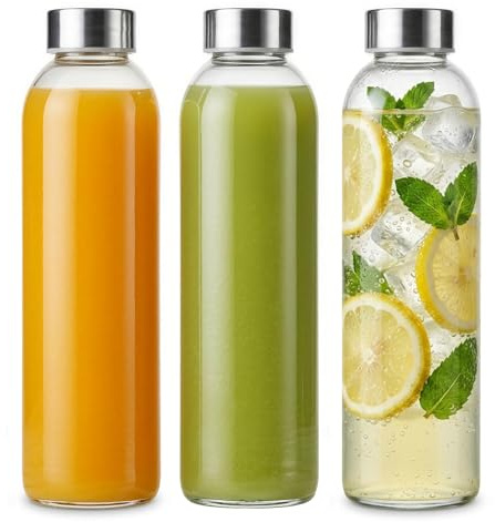 Bayseun Glass Water Bottle 750ML - 3 Pack Empty Glass Bottles with Lids - Leak Proof, Airtight, Wide Mouth, Stainless Steel Lids, Reusable Drinking Bottles for Juice, Milk, Water, Smoothies & Storage