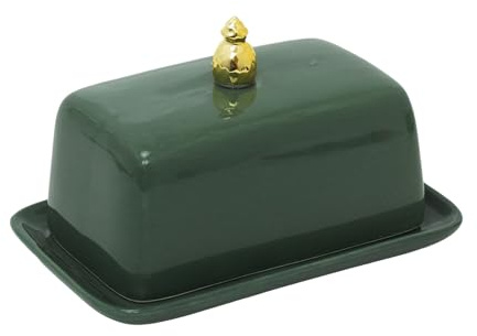 Historic Royal Palaces Butter Dish, 11x17cm Heritage Green Ceramic Butter Dish with Lid, Emerald Green Glaze and Gold Pineapple Finial