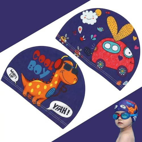 COYUN 2 Piezas Gorro Piscina Niña, de 1 a 7 Años, para Cabello Corto y Largo, Dinosaurios y Coches geniales