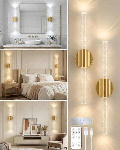 2 Stück Wandleuchte Innen, Wandlampe Kabellos, Dimmbar Wandleuchten Gold