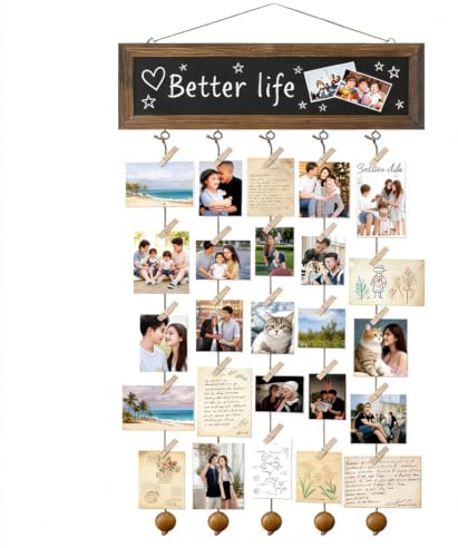 JJZENKD Fotovorhang mit 30 Holzklammern, DIY Fotowand Fotogirlande, Fotokette Bilderrahmen Collage, Fotoseil mit Klammern und Leine Schnur, Karbonisiertes Schwarz Weiß klein