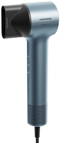GRUNDIG HD 7680 Haartrockner, 1500 W, BLDC Motor, Ionic-Funktion, Keramikbeschichtung, 3 Temperatur- & 3 Luftstromstufen, Kaltstufe, Stylingdüse, Blau/Silber