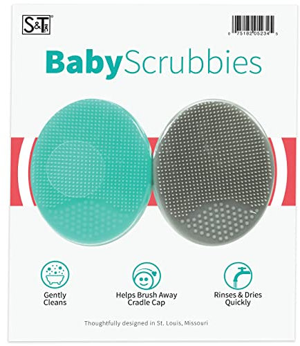 S&T INC. Exfoliating and Massaging Cradle Cap Bath Brushes for Baby, Silicone - 2 Inch x 2.5 Inch, Grey and Teal, 2 Pack