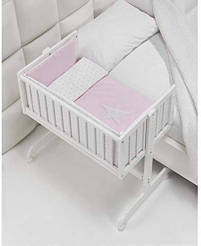 Interbaby Berceau Cododo en Hêtre Blanc + Parure + Nacelle + Matelas Modèle Estrella Rose