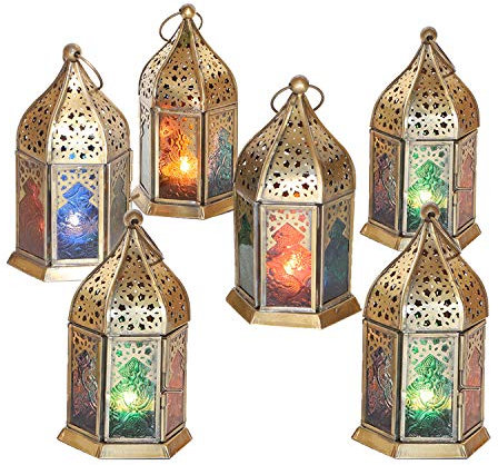 Orientalisches Windlicht Nael Multi 6 Set aus Metall, Relief-Glas bunt Höhe 16 cm, Marokkanische Glaslaternen Ramadan Teelichthalter im Antik-Messing-Look WDL1041