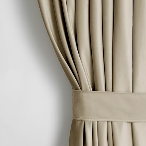 AmeliaHome Set Vorhang H 270 x B 140 cm mit Raffhalter 54 x 10 cm Velvet Optik Beige 1 St. Kräuselband Wellenband Samt Verdunkelungsvorhang Fensterdekoration Dekoschal Dekorvorhang