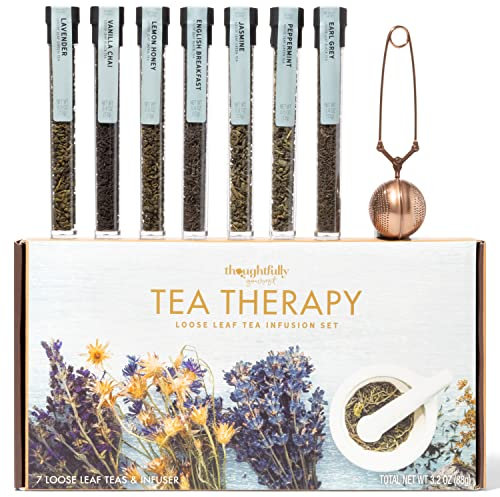 Thoughtfully Gourmet, Tea Therapy Infusion Gift Set, 7 Unique Flavors and Reusable Copper Ball Infuser, Loose Leaf Tea Set Flavors Include Peppermint, Jasmine, Vanilla Chai and More, Set of 7