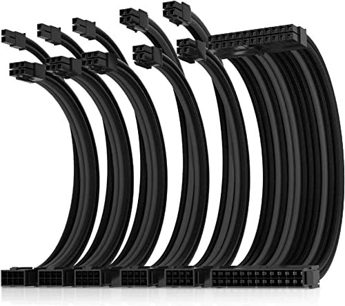 AsiaHorse Actualización 16AWG PSU Cable Extension, PC Kit de Cables para GPU/CPU, Extensiones de Cable de alimentación con peines de Cable, 24PIN/(6+2) Pin/(4+4) Pin, 30CM, Negro+Gris