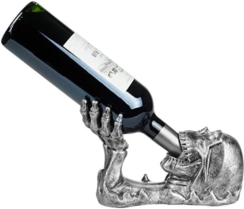 BRUBAKER Weinflaschenhalter Totenkopf - Flaschenhalter Trinkender Schädel mit Skelett Hand Silber - Flaschenständer Deko Figur Handbemalt Weinzubehör - Lustige Dekoration - Wein Geschenk