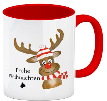 Weihnachten Kaffeebecher Rot mit Rentier und Spruch - Frohe Weihnachten