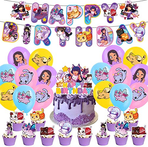 Aphmau Plushies Cat Birthday Party Decoration Party Supplies Happy Birthday Banner Balloons Cake Topper Cupcake Toppers for Kids Girls Decoration