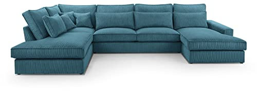 BETTSO -Ecksofa Großes U-Form Couch, Couchgarnitur, Eckcouch, Sofa,Ecksofa mit Kissen und Armlehnen aus Cordstoff-Valentino U (Türkis, Rechts)