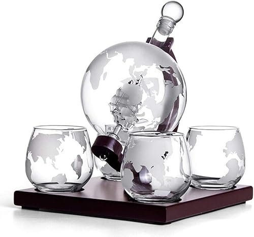 CASOTA Zuhause & Kneipe Glaskaraffen Dekanter Geätztes Globus-Whisky-Dekanter-Set – Wodka-Globus-Karaffe – 1000 ml handgefertigter Glas-Segelschiff-Globus-Dekanter for Vater und Ehemann