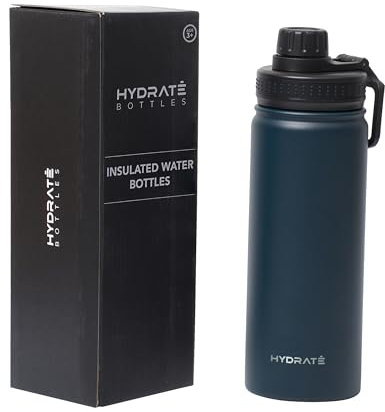 HYDRATE Hydrated 500ml Leakproof Stainless Steel Bottle - Double Insulated to Keep Drinks Hot for 12 Hours, Cold for 24, Leakproof Screw Cap - Ideal for All-Day Hydration - Blue