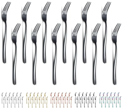 Evanda Black Dinner Forks Set of 12 Pieces, 17.8cm Black Titanium Plating Stainless Steel Table Forks Cutlery Set for Home, Restaurant, Hotel, Dishwasher Safe