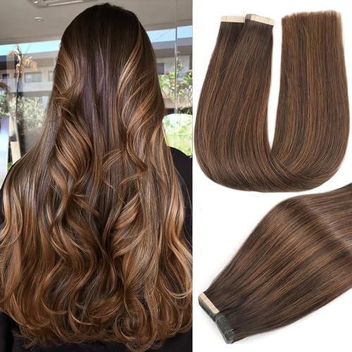 YDDM Tape In Extensions Echthaar 20pcs 55cm 50g Dunkelbraun mit Chestnut Brau Invisible Tape Extensions Echthaar Extensions Tape Extensions Echthaar Skin Weft Haarverlängerung(22Zoll,2/2/6#)