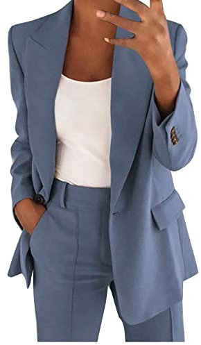 2024 - Conjunto de dos piezas para mujer con manga larga y botón formal chaqueta + pantalones traje delgado holgado, pantalón chaqueta traje de hoja de cocina negro hombre, azul, 5X-Large