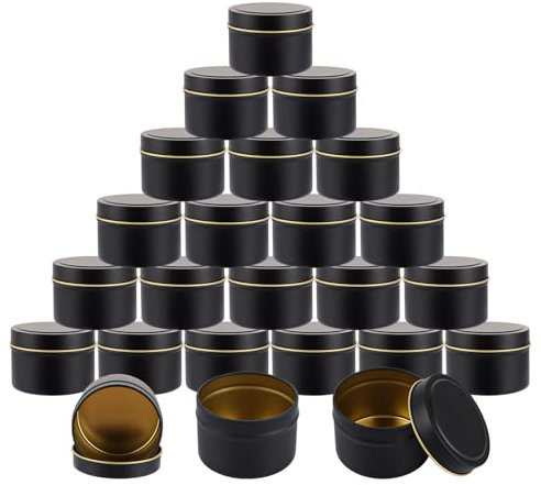 FWEEK 24 pièces boîtes à bougie, 120ml Récipient à bougie Noir Boîtes à bougie vides en métal, Réutilisables Verres ronds à bougie avec couvercle à vis pour bougies, thé-confiserie-épices, artisanat
