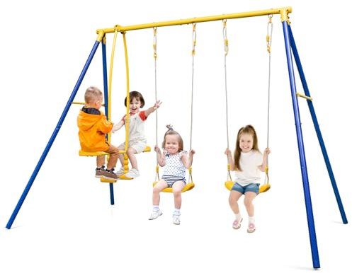 GOPLUS Portique Balançoires Extérieur Enfants, Portique Extérieur 2 Places avec Balançoires à Bascule,Tape Cul Cordes Suspendues Réglables,pour Jardins, Cours Charge 170KG, 3-12 Ans