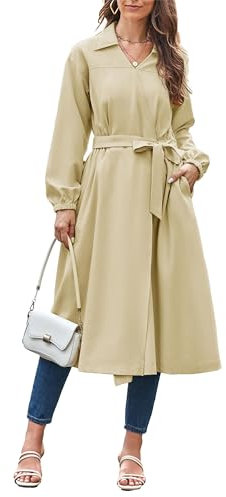 GRACE KARIN Damen Reverskleid Mit V-Ausschnitt Elegant Lange Ärmel Blusenkleid Mit Gürtel Aprikose S