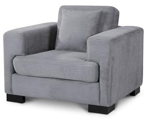 Plush Cord Grey Fabric Single Sofa 99 CM Wide Armchair – Durable Fabric & Removable Cushions , Compact Quality Modern Rectangular Living Room Snuggle Chair for Small Spaces & Apartments