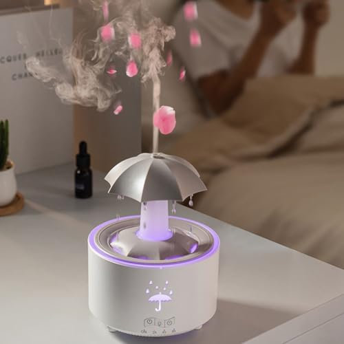 Humidifier For Bedroom, Umbrella Humidifier Umbrella Diffuser With Rain Effect 7 Colors LED Oil Diffuser, For Office Home(White)