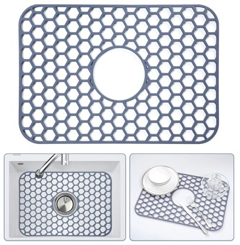 Bestjing Silicone Sink Protectors for Kitchen Sink -12 13 16 18 19 24 26 28 30, Non-Slip Heat Resistant Mat for Bottom of Farmhouse Porcelain Stainless Steel (18.2x12.5 Center Drain, Gray)