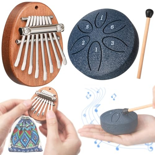 Maasechs Mini-Musikinstrumente, Mini-Kalimba und Regentrommel mit Trommelstock, 8 Tasten, Finger-Daumenklavier und 6 Noten, Stahltrommel für Abschlussfeier, Krankenschwester, Geschenk, Erwachsene