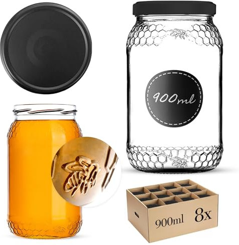 KADAX 8st Honiggläser 1260g (900ml) mit Deckel fi82mm für Lebensmittel, Honig, Marmelade, Früchte, Vorratsglas, Neutrales Schraubglas Imkerhonig (Schwarz matt, 8 Stück)