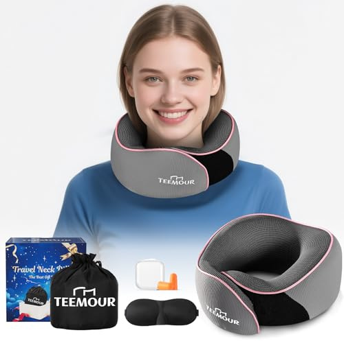 Travel Pillow for Adults,Memory Foam Airplane Pillow with 360 Neck Support, Includes Storage Bag, Eye Mask, Ear Plugs, Adjustable Travel Pillow for Long Flights,Train,Car & Business Trips(Pink Grey)
