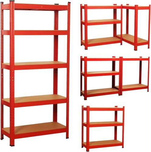 COZYBRITE Schwerlastregal Premium, Befestigungsmaterial 875kg Traglast, 5 verstellbare stabiles Regal MDF-Platten für Lagerregal Kellerregal Garage Kellerraum Werkstattregal (Rot, 70x30x150cm)