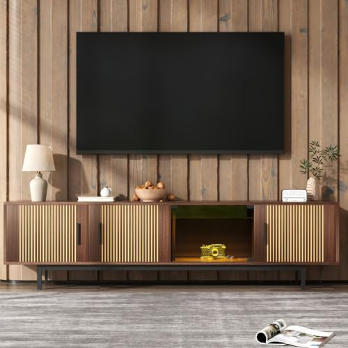 BTM Meuble TV Lowboard avec Texture Gravée, Möbel TV avec Barre LED & Porte Verre Trempé