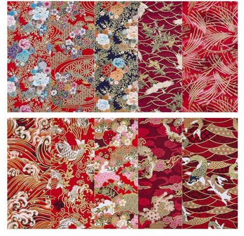 PH PandaHall 10pcs Tissu en Coton Style Japonais Tissu Fleur Imprimé Carrés Patchwork Rouge Lot Tissus Artisanat Vague de Mer Quiltage Couture pour Nouvel An Chinois Vêtements Scrapbooking DIY 25x25cm