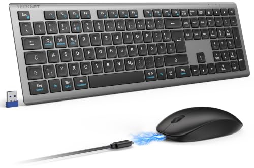 TECKNET Tastatur Maus Set Kabellos, 2.4G Wiederaufladbare Maus und Tastatur | Fullsize Deutsch QWERTZ Layout Ultraflach Funktastatur und Leise Mouse für Windows/PC & Laptop, Schwarz