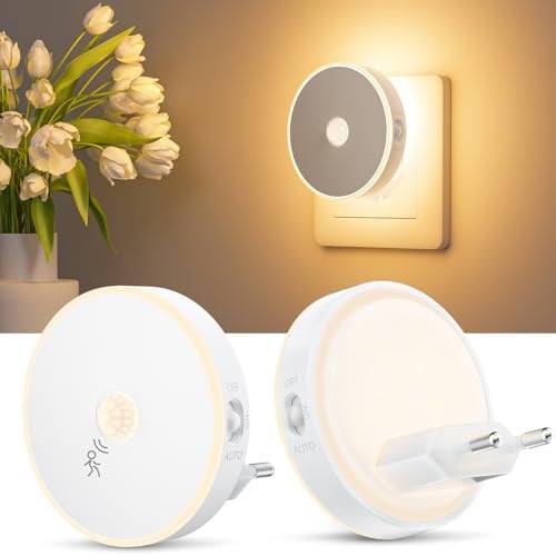 Luz Nocturna Infantil LED 2 Pcs, Luz LED Nocturna con Sensor de Movimiento | Lámpara de Noche Enchufable Brillo Ajustables, 3 Modos (AUTO/ON/OFF), Luz Noche para Niños/Escaleras/Dormitorio-Blanco Cálido
