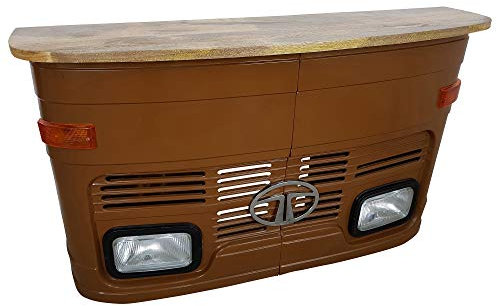Theke Tata klein in braun LKW Front - Tresen mit Beleuchtung - Verkaufstheke im Vintage Look für Rezeption oder Empfang - Empfangstresen aus Metall und Holz - Empfangstisch im LKW-Design Bartisch