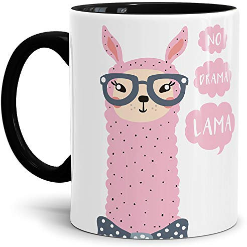 Alpaka-Tasse No Drama lama Lady - Innen & Henkel Schwarz - Mug/Cup/Becher/Lustig/mit Spruch/Lama/Witzig/Geschenk-Idee/Fun/Beste Qualität - 25 Jahre Erfahrung