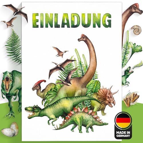 Olgs Dino Freunde Einladungskarten, Dinosaurier Motto Party Kindergeburtstag, 12er Set inkl. Umschläge für Mädchen & Jungen