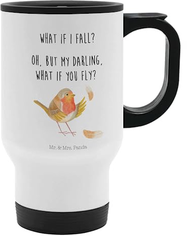 Mr. & Mrs. Panda Thermobecher Rotkehlchen Federn - Geschenk, What if i fall, Kaffeetasse zum Mitnehmen, Thermotasse, Thermobecher für 400 ml, Spruch