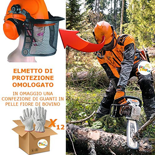 Casco Protettivo Kit con Visiera e Cuffie Elmetto Boscaiolo Forestale OMOLOGATO con Guanti Antitaglio (12x Guanti Bovino)