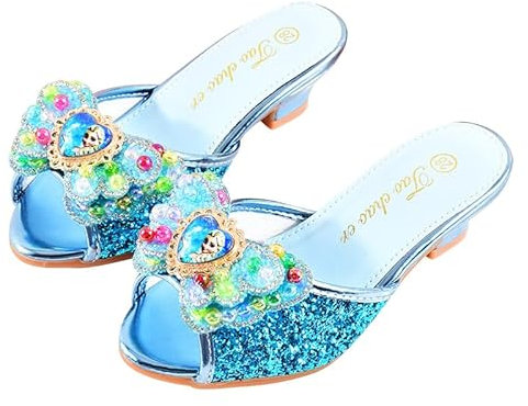 Monissy Frozen Principessa Elsa Mules Tacco Alto Pantofola Bocca di Pesce Paillettes Due Fiocchi di Pelle Elsa Distintivo Distintivo Perline Colorate con Intarsio di Cristallo Scarpe，Blu,31